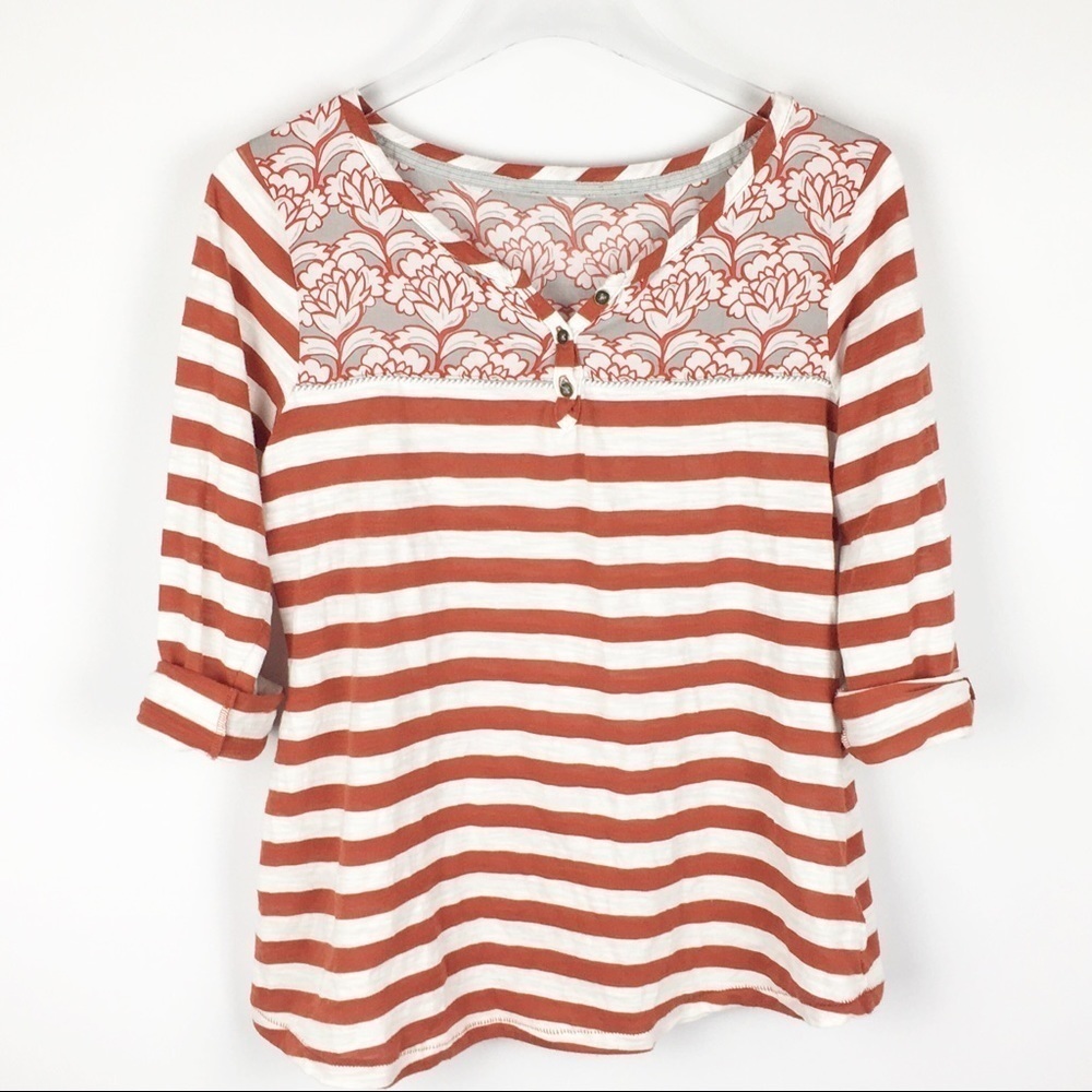Striped Henley Top with Floral Yoke - Rust & White